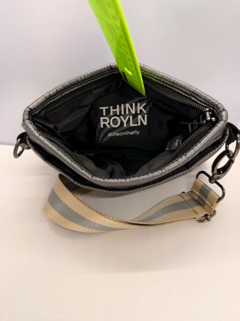 THINK ROYLN Quilted Crossbody Bag in Black with Beige-Gray Stripe Strap - Picture 7 of 13